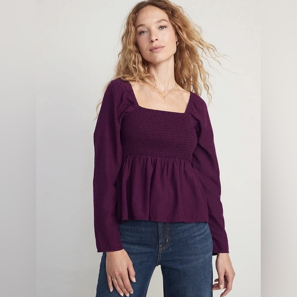 Old Navy Smocked Square Neck Seersucker Babydoll Blouse XXL Plumeria Purple NWT
